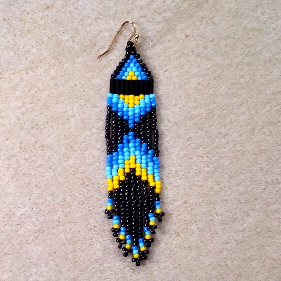 Beaded Earrings- Black Bugle beads, Black, Blue, & Yellow sead beads. - Picture 2 of 3